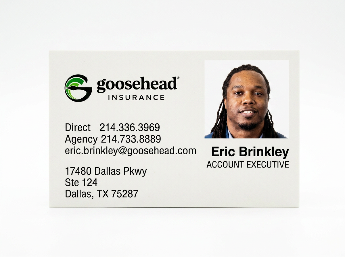 Business card for Eric Brinkley, Account Executive — Goosehead Insurance