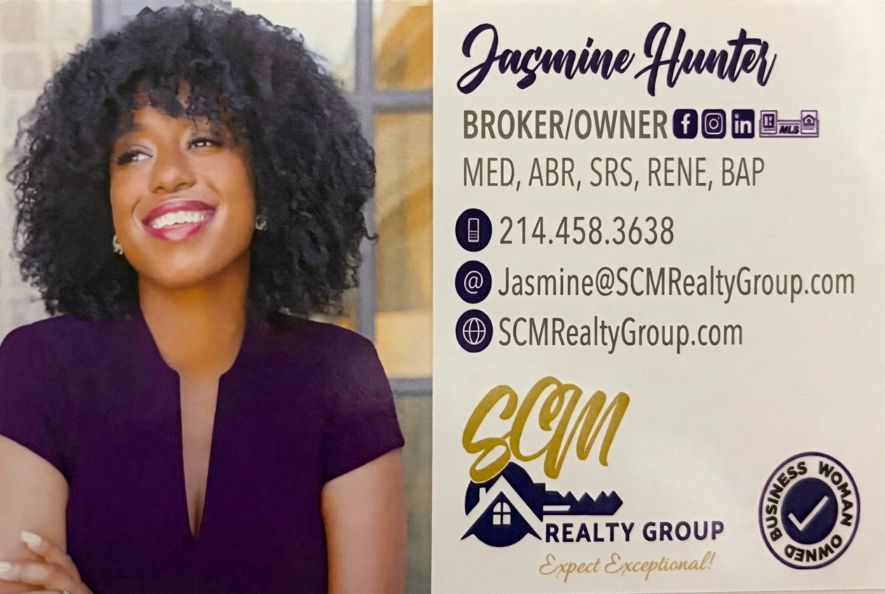 Business card for Jasmine Hunter, Broker/Owner — SCM Realty Group
