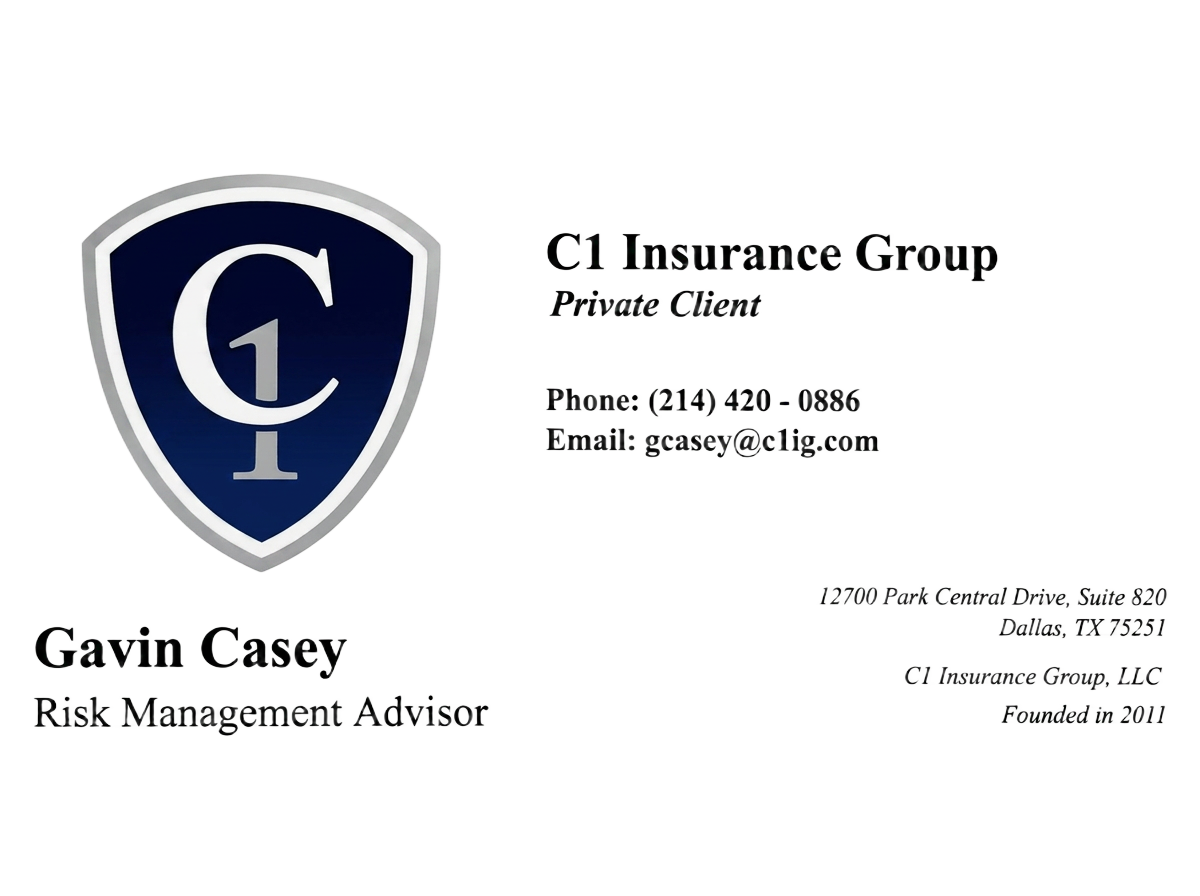 Business card for Gavin Casey, Risk Management Advisor — C1 Insurance Group